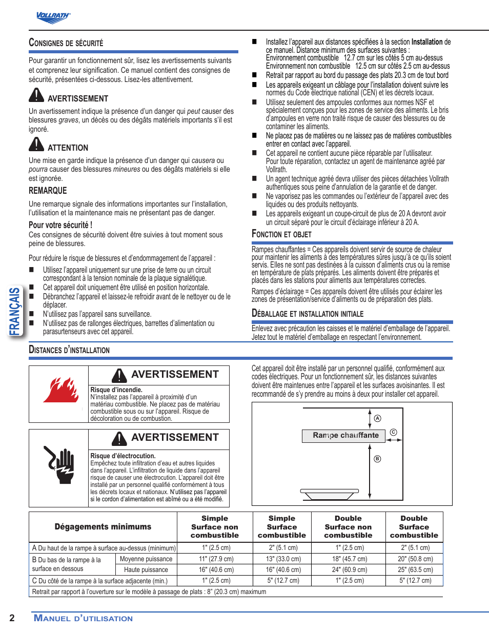 Français, Avertissement | Vollrath Cayenne Heat Strips, Hard Wired User Manual | Page 26 / 36