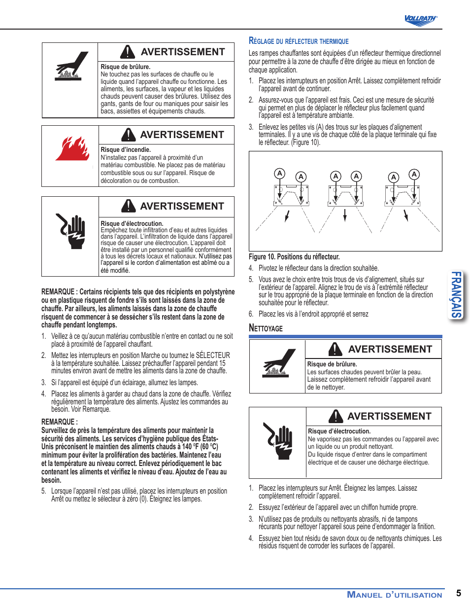 Français, Avertissement | Vollrath Cayenne Heat Strips, Hard Wired User Manual | Page 29 / 36