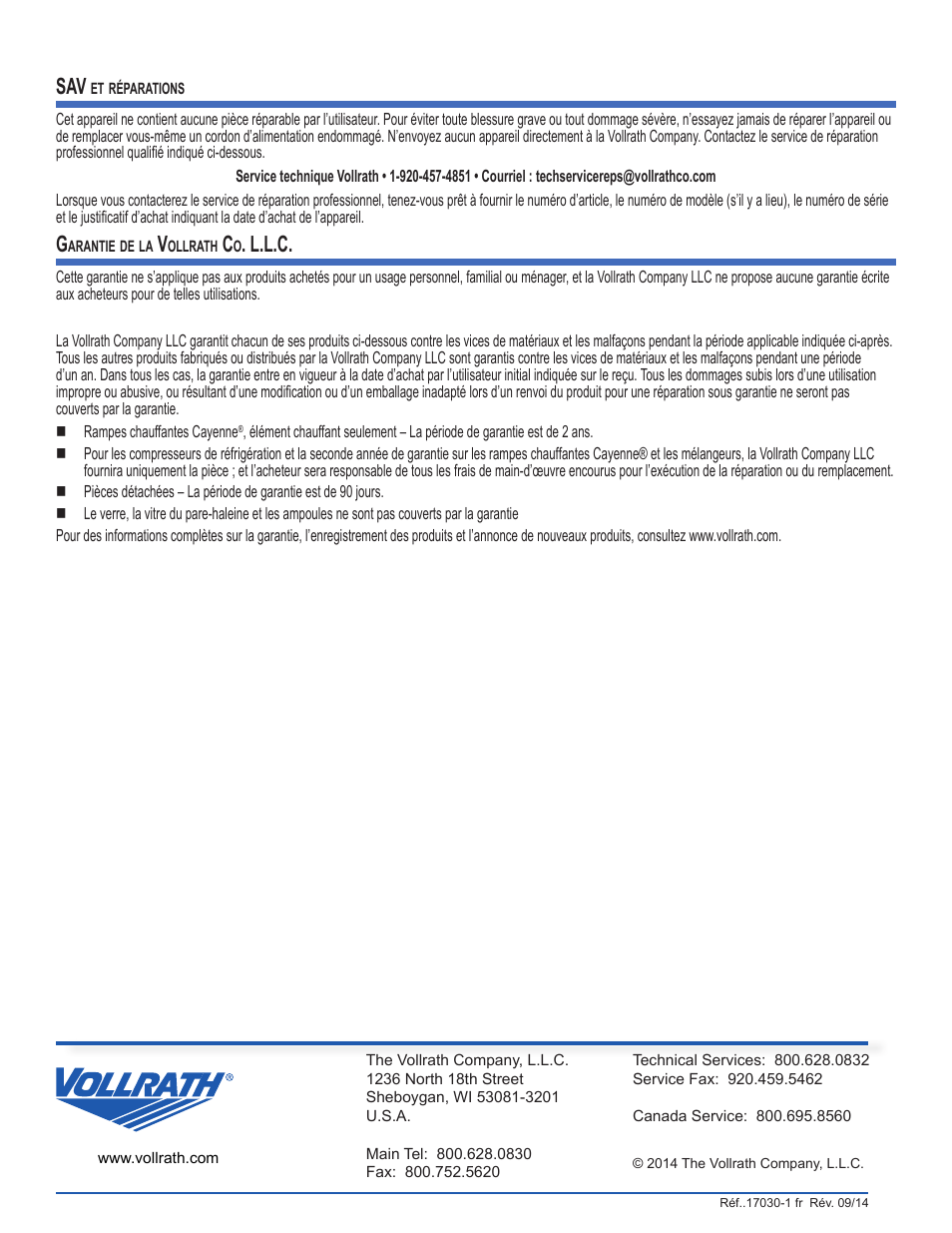 L.l.c | Vollrath Cayenne Heat Strips, Hard Wired User Manual | Page 36 / 36