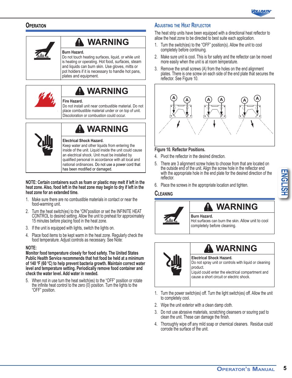 English, Warning | Vollrath Cayenne Heat Strips, Hard Wired User Manual | Page 5 / 36