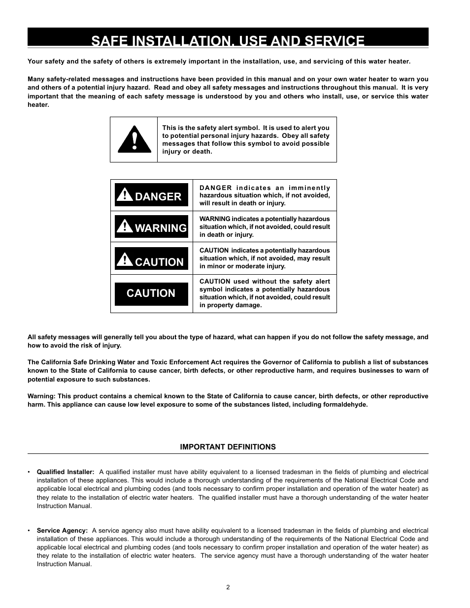 Safe installation, use and service, Danger warning caution, Caution | A.O. Smith 185762-000 User Manual | Page 2 / 28