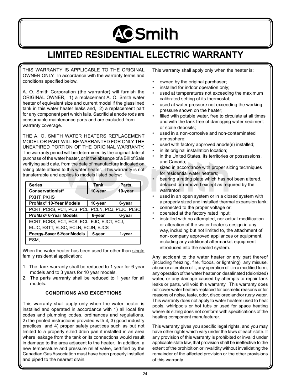 Limited residential electric warranty | A.O. Smith 185762-000 User Manual | Page 24 / 28