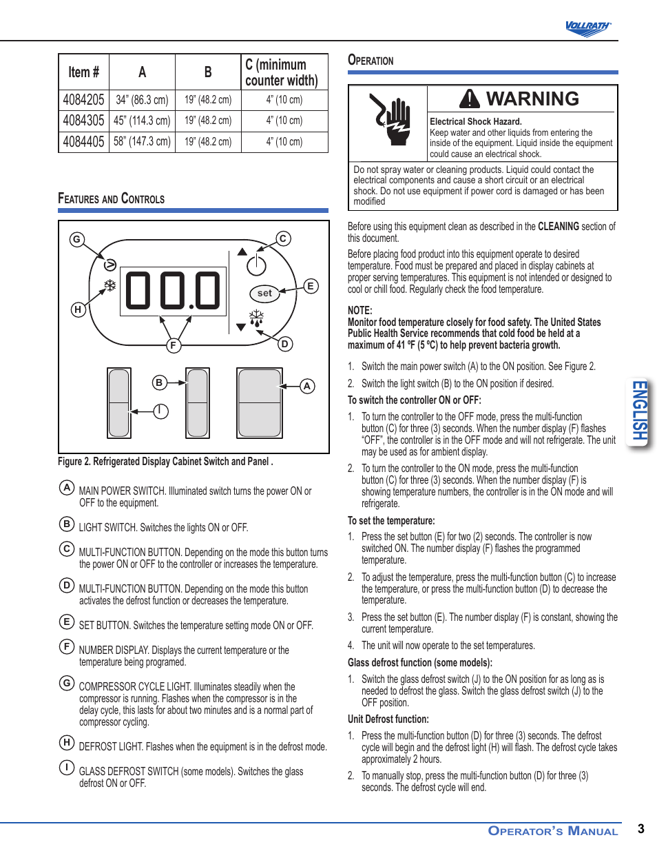 English, Warning | Vollrath Refrigerated Curved Countertop Self-Serve Display Cases User Manual | Page 3 / 6