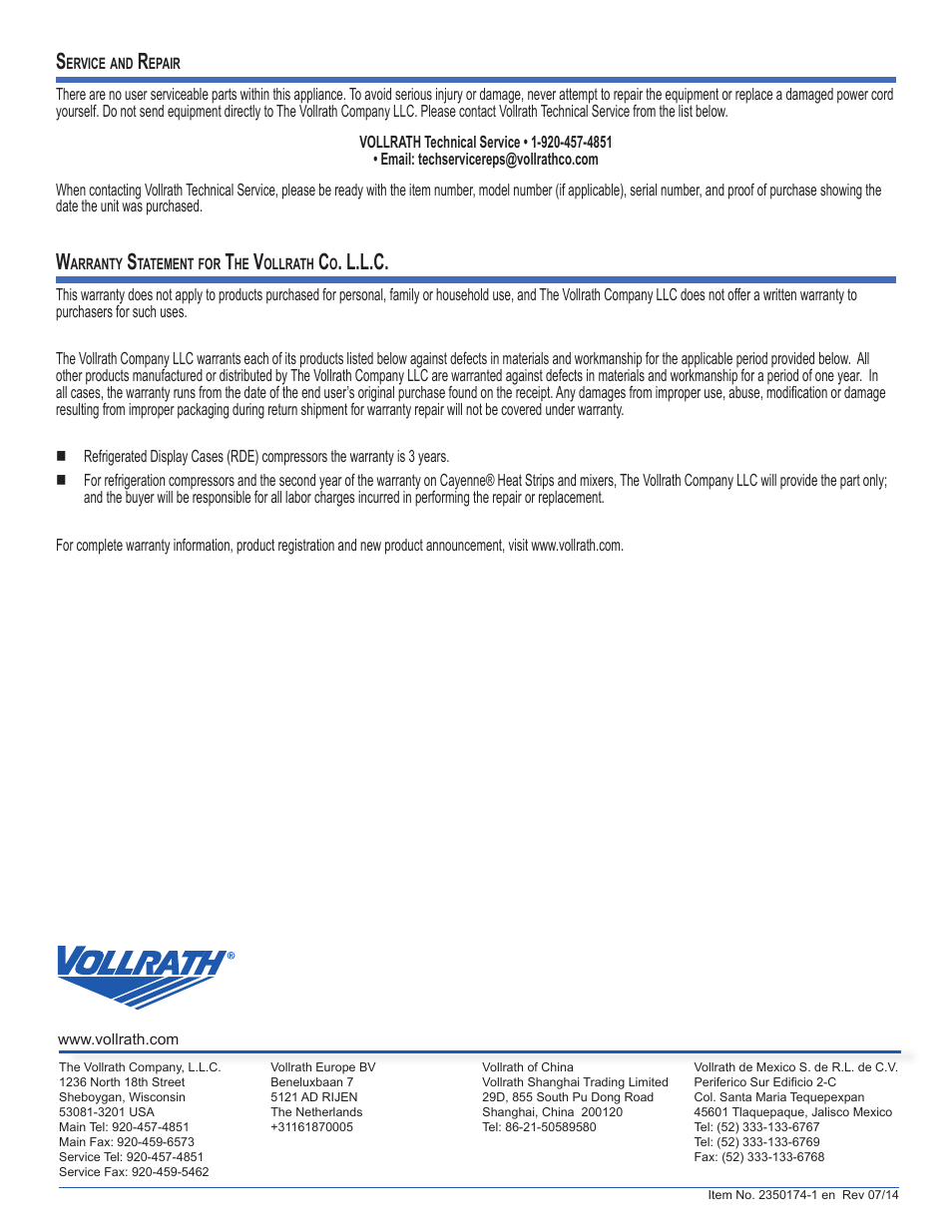 L.l.c | Vollrath Refrigerated Curved Countertop Self-Serve Display Cases User Manual | Page 6 / 6