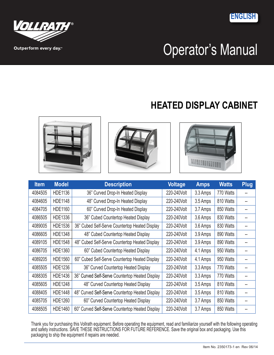 Vollrath Heated Curved Drop-In Display Cases User Manual | 6 pages