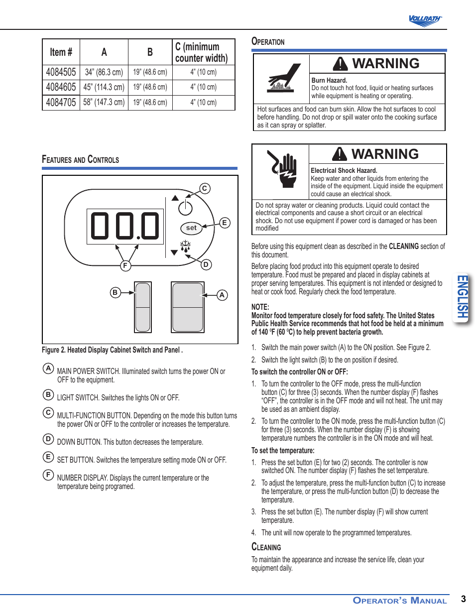 English, Warning | Vollrath Heated Curved Drop-In Display Cases User Manual | Page 3 / 6