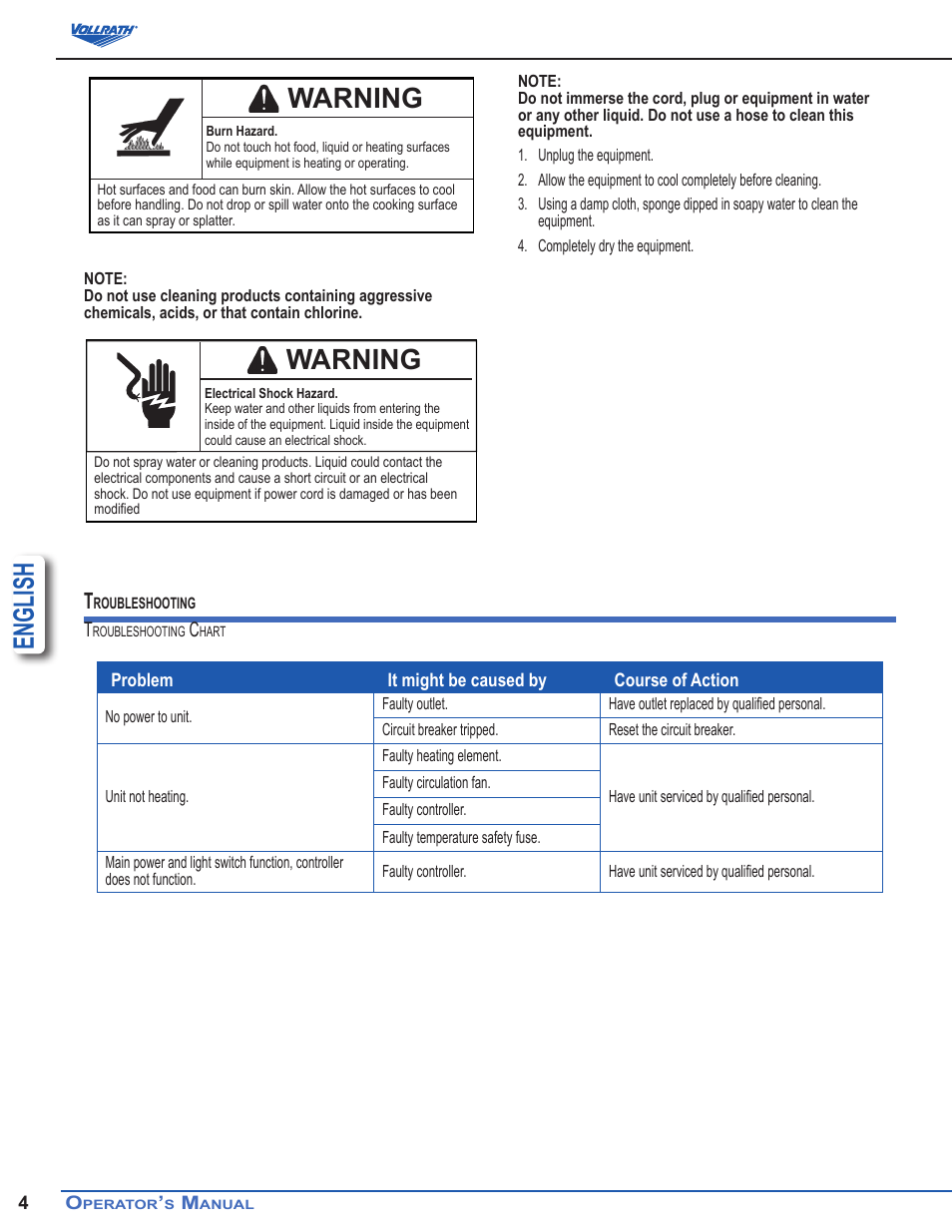 English, Warning | Vollrath Heated Curved Drop-In Display Cases User Manual | Page 4 / 6
