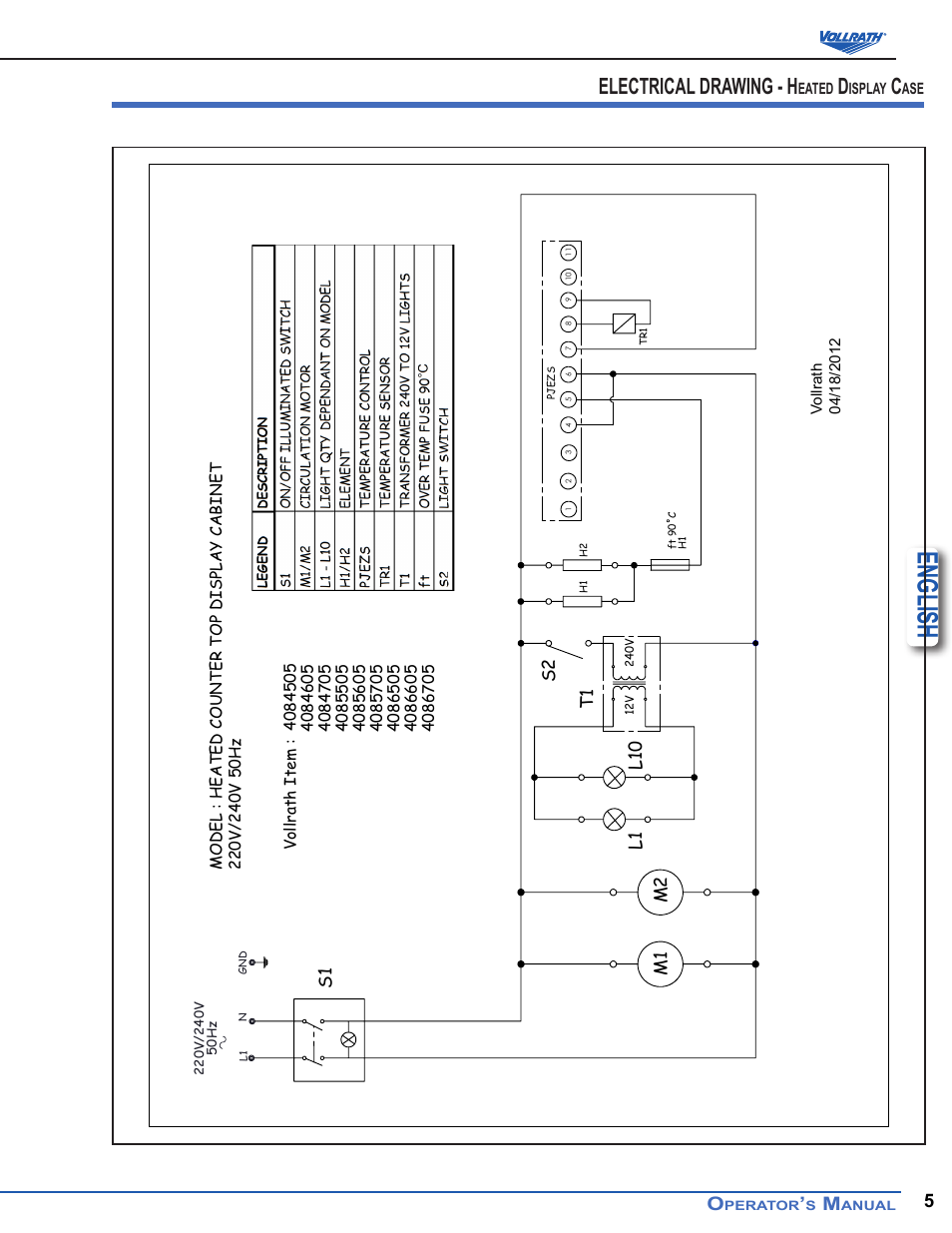 English, Electrical drawing - h | Vollrath Heated Curved Drop-In Display Cases User Manual | Page 5 / 6