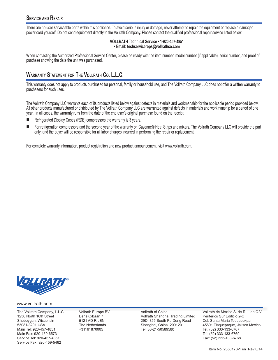 L.l.c | Vollrath Heated Curved Drop-In Display Cases User Manual | Page 6 / 6
