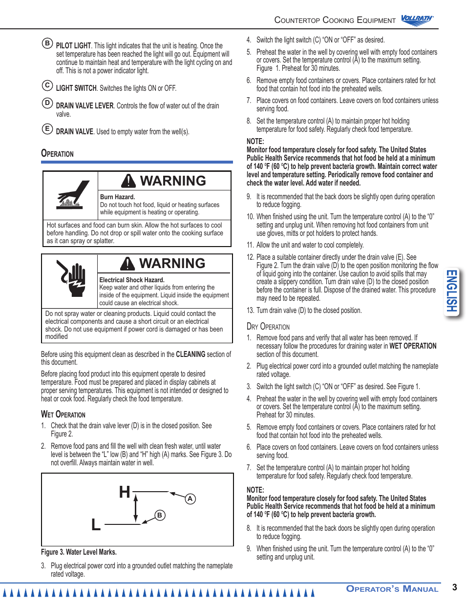 English, Warning | Vollrath Cayenne Heated Bain Marie Curved Display Case User Manual | Page 3 / 8