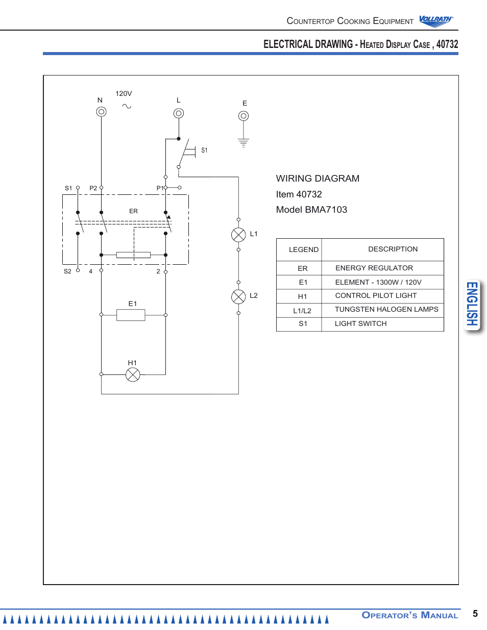 English, Electrical drawing - h | Vollrath Cayenne Heated Bain Marie Curved Display Case User Manual | Page 5 / 8