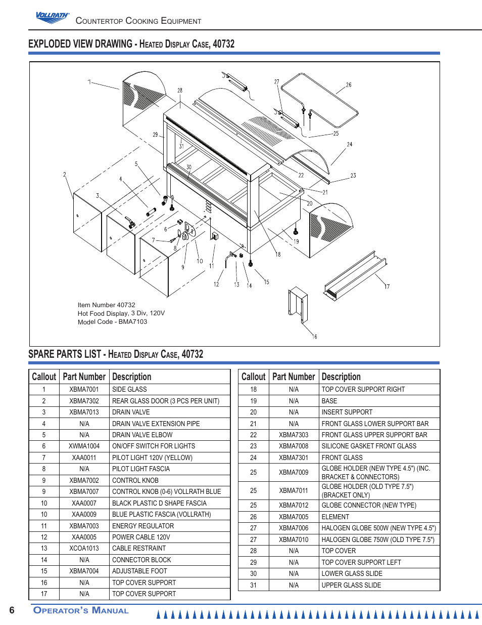 Spare parts list - h, Exploded view drawing - h, Callout part number description | Vollrath Cayenne Heated Bain Marie Curved Display Case User Manual | Page 6 / 8
