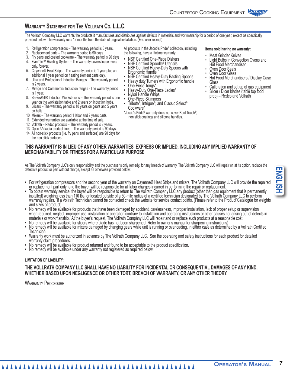 English, L.l.c | Vollrath Cayenne Heated Bain Marie Curved Display Case User Manual | Page 7 / 8