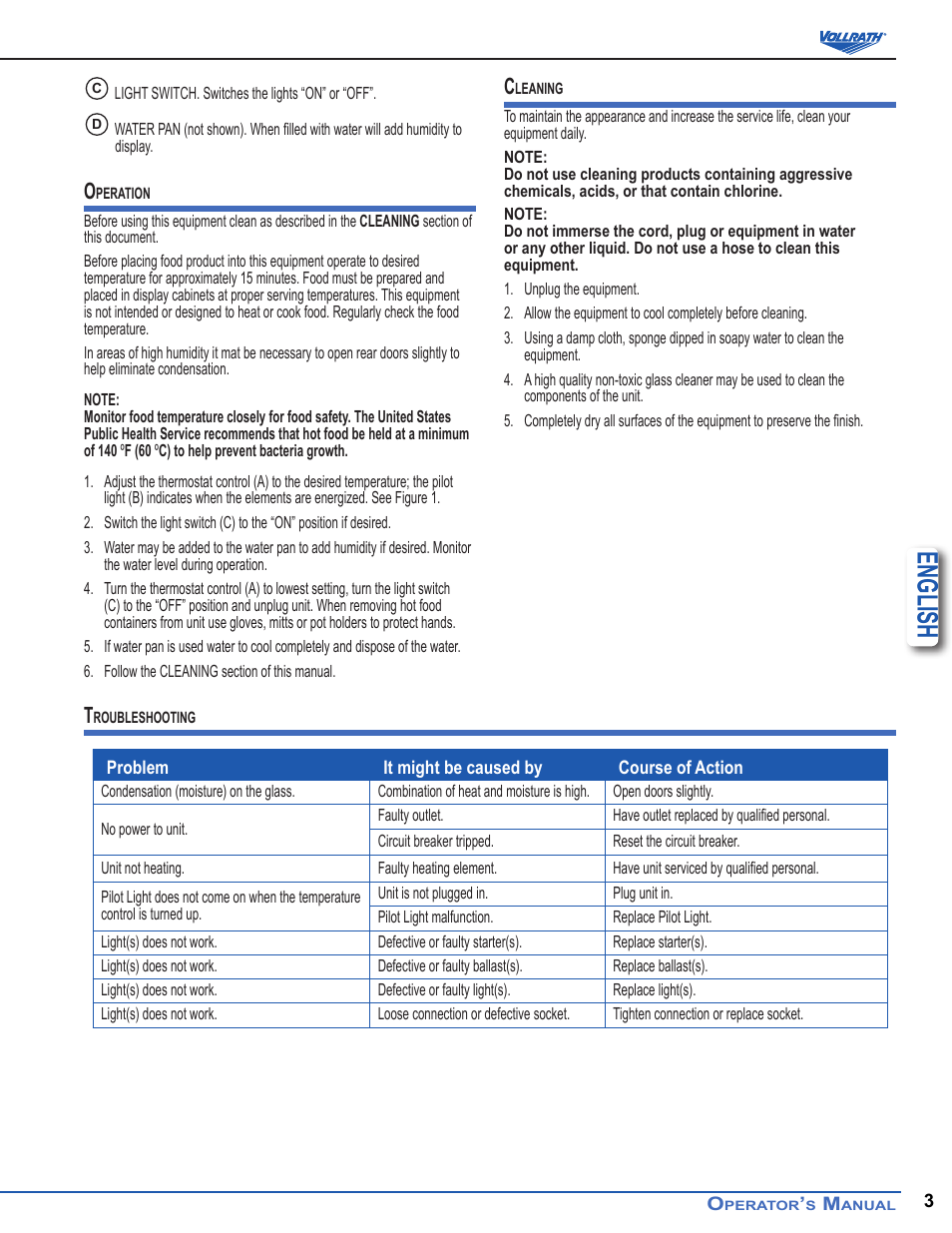 English | Vollrath Cayenne Heated Angled Display Cases User Manual | Page 3 / 10