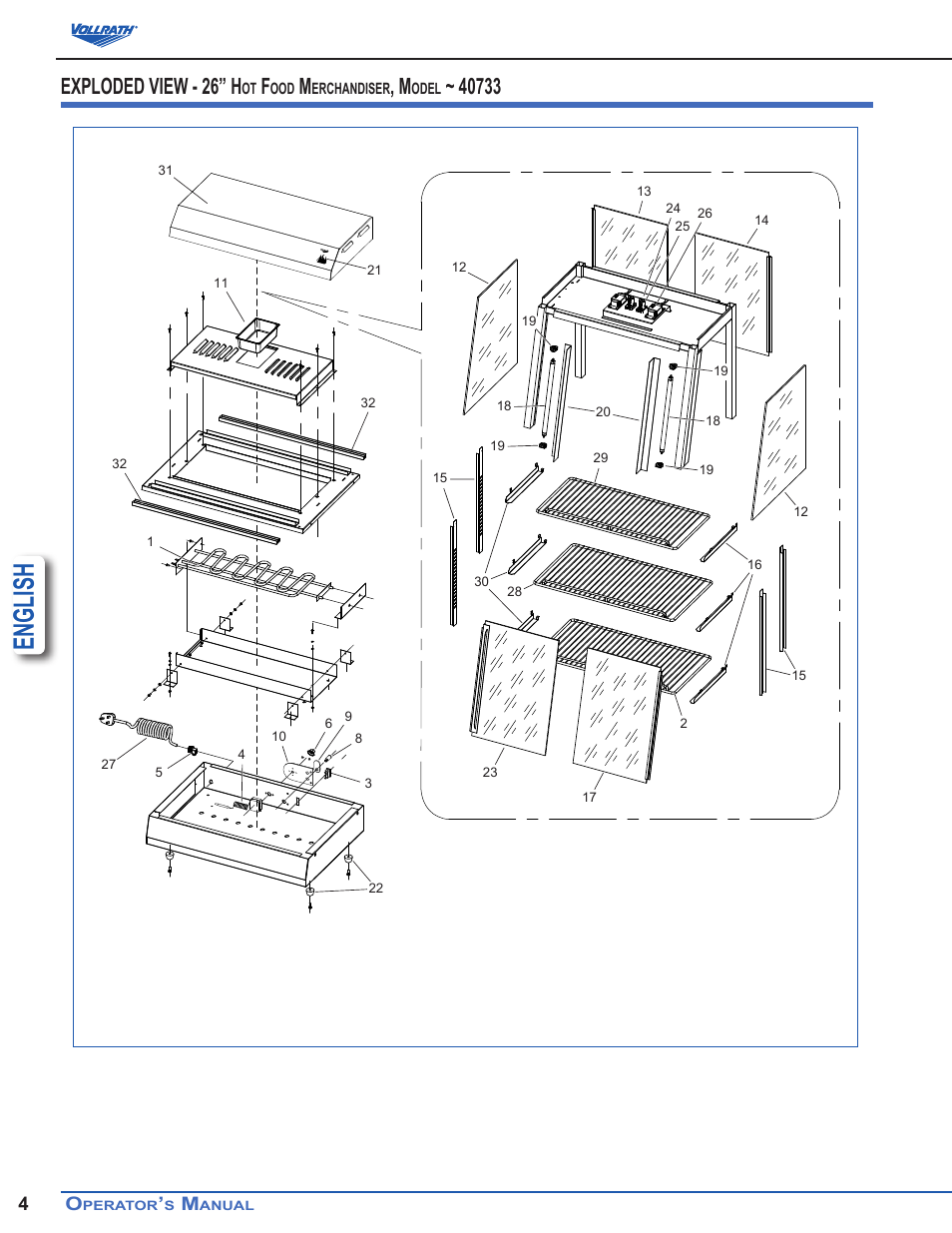 English, Exploded view - 26” h | Vollrath Cayenne Heated Angled Display Cases User Manual | Page 4 / 10