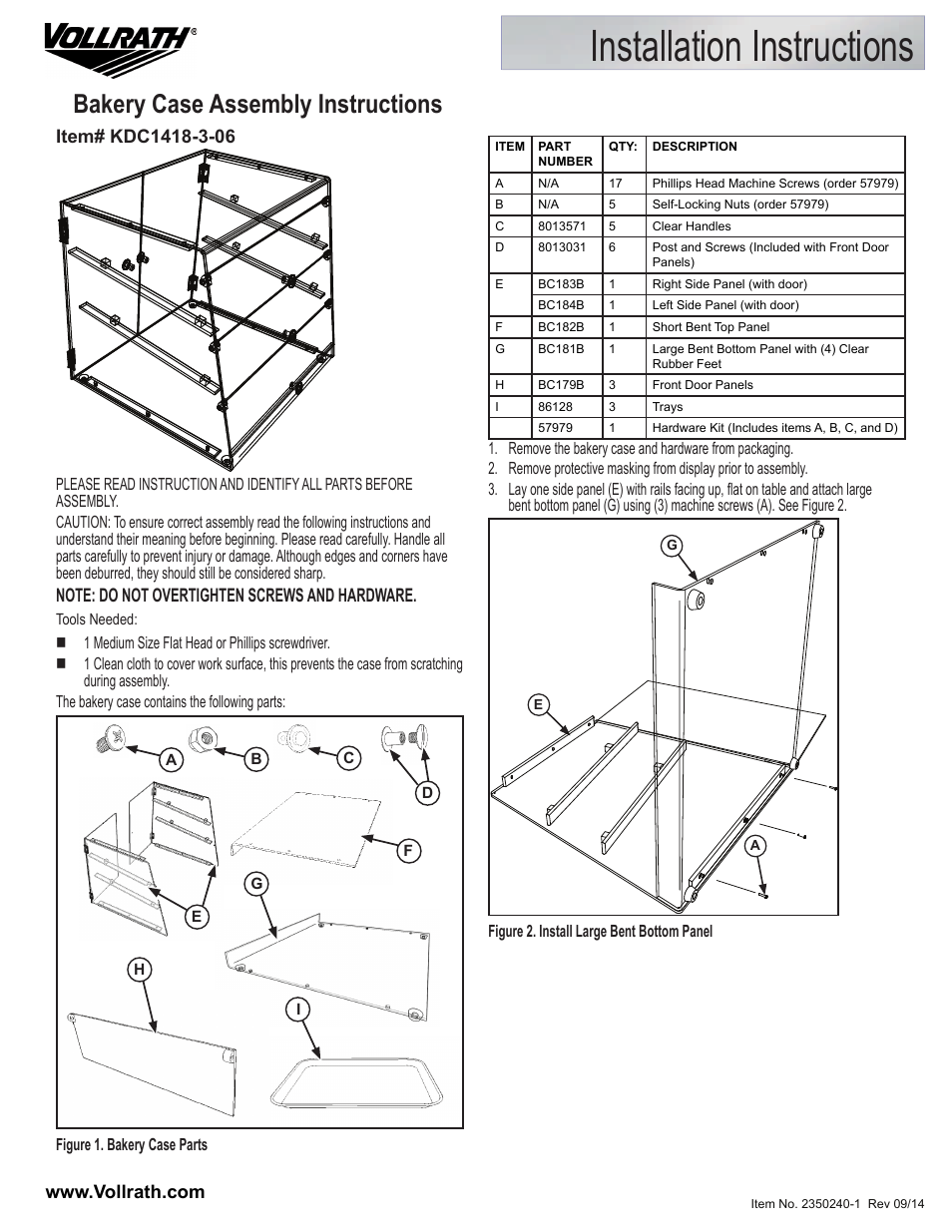 Vollrath KDC1418-3-06 Acrylic Knock Down Bakery Display Cases User Manual | 2 pages