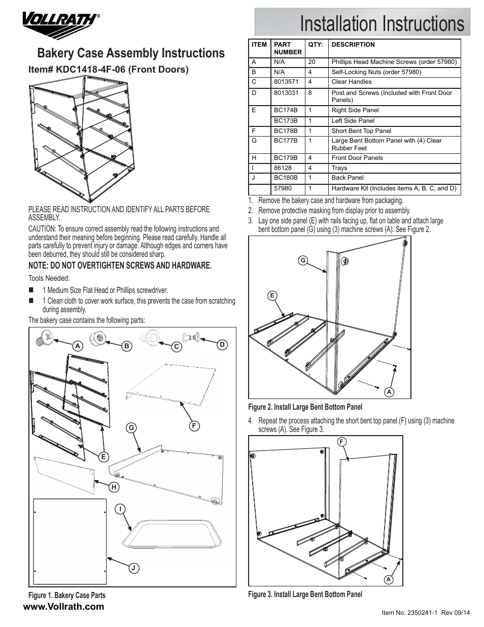 Vollrath KDC1418-4F-06 Acrylic Knock Down Bakery Display Cases User Manual | 2 pages