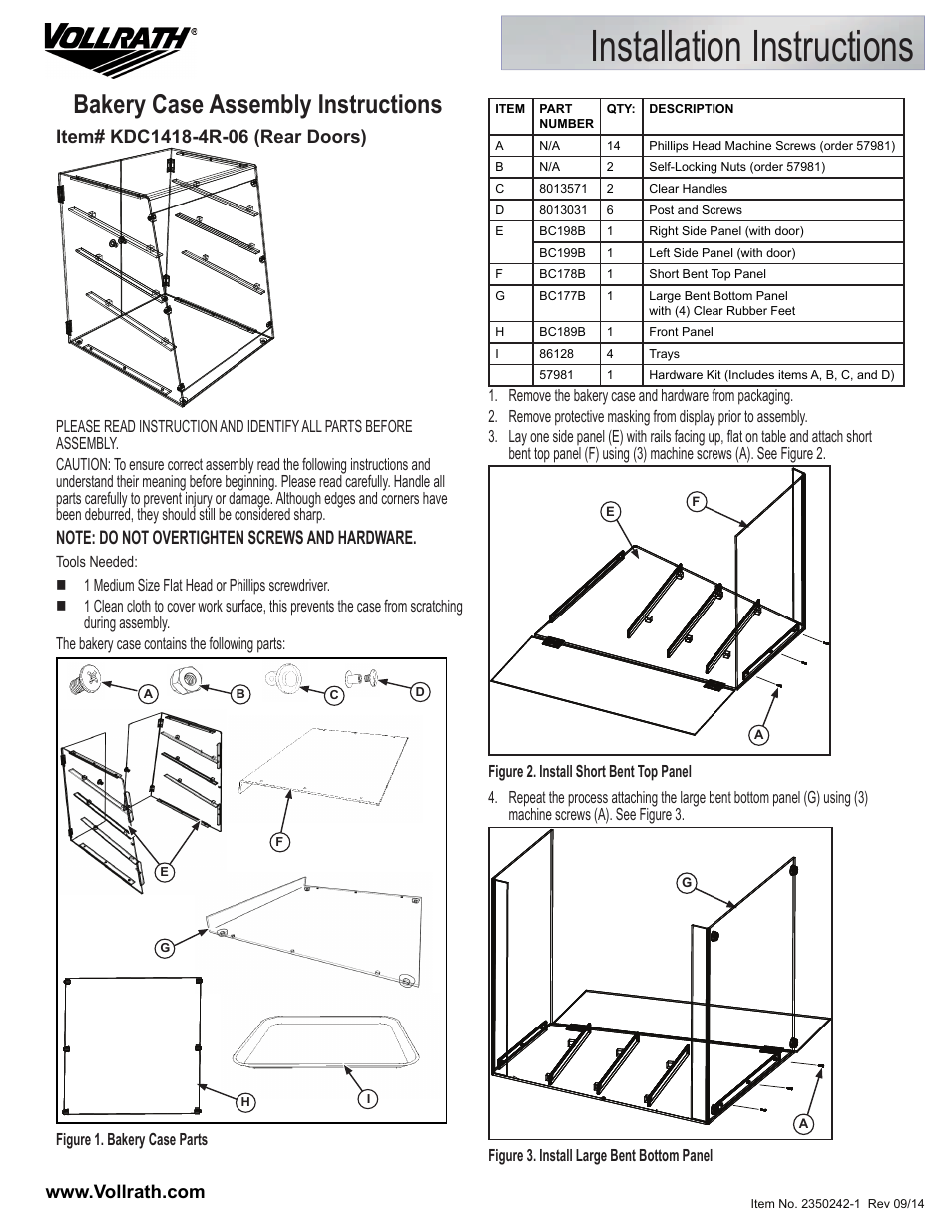 Vollrath KDC1418-4R-06 Acrylic Knock Down Bakery Display Cases User Manual | 2 pages
