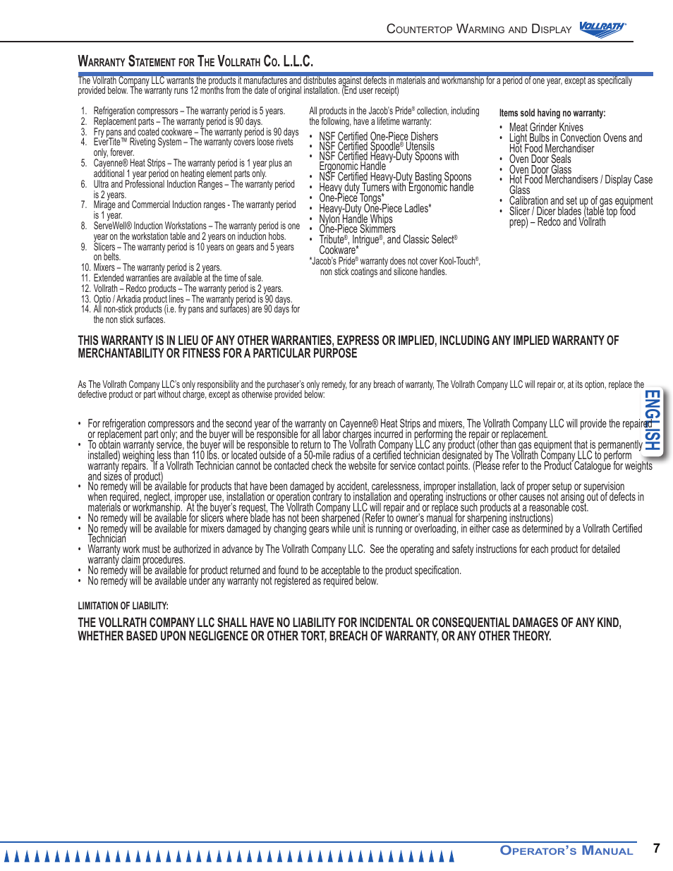 English, L.l.c | Vollrath Hot Cold Drop-ins User Manual | Page 7 / 8