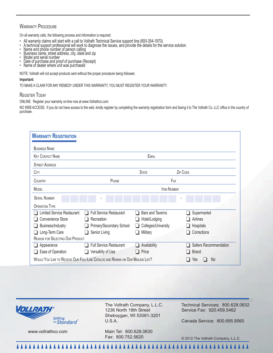 Vollrath Hot Cold Drop-ins User Manual | Page 8 / 8
