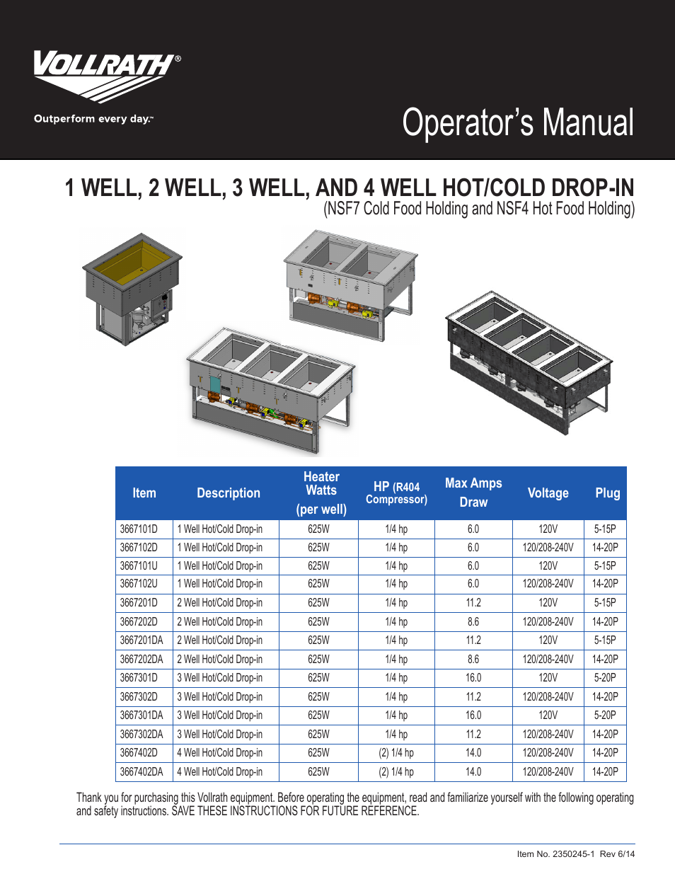 Vollrath Hot Cold Drop-ins 4 WELL User Manual | 5 pages