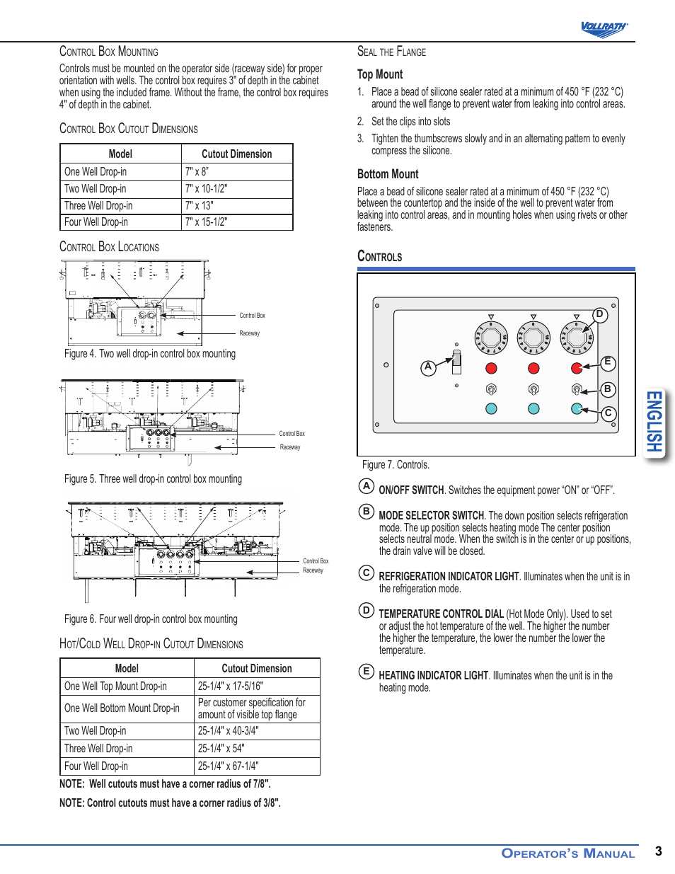 English, Top mount, Bottom mount | Vollrath Hot Cold Drop-ins 4 WELL User Manual | Page 3 / 5