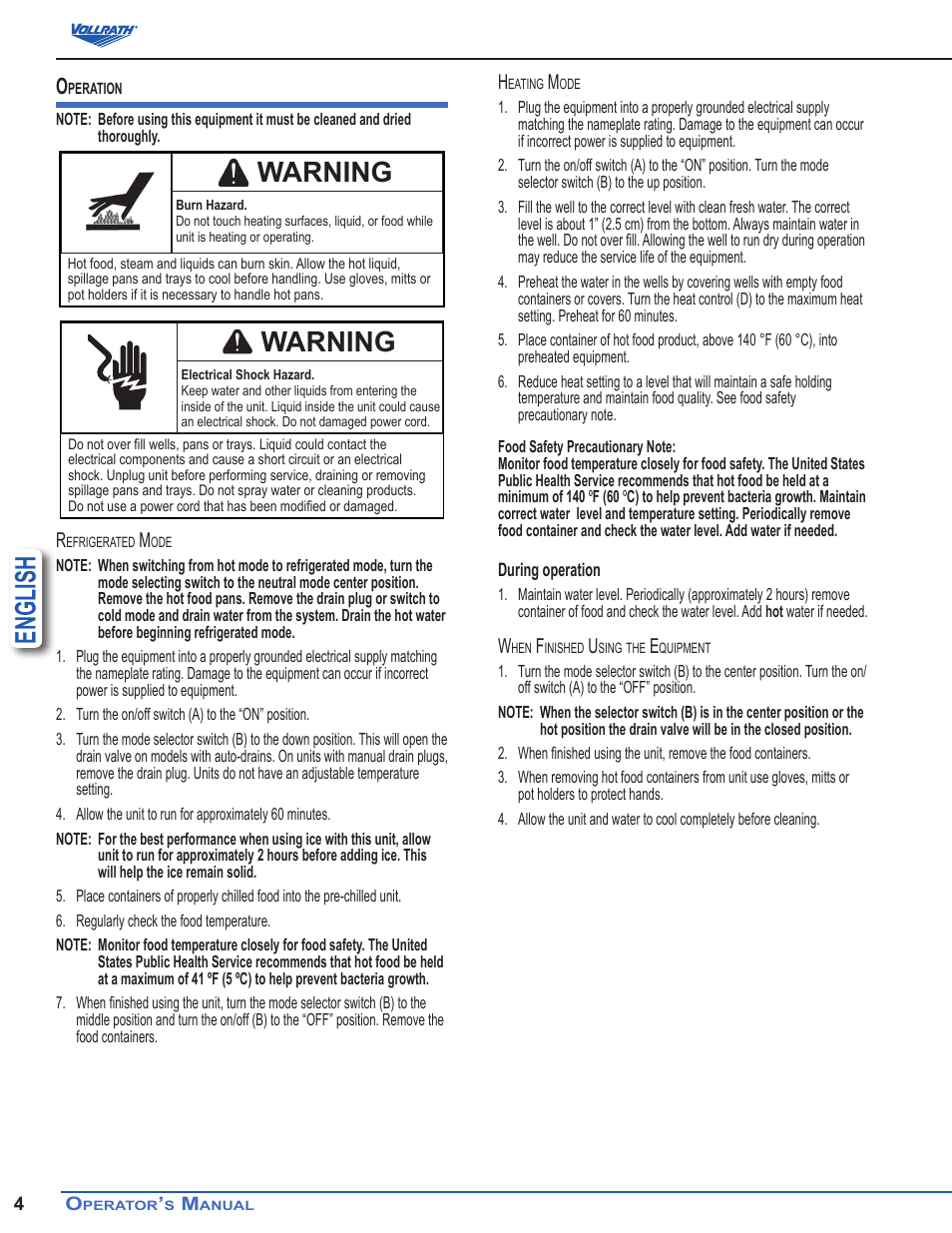 English, Warning | Vollrath Hot Cold Drop-ins 4 WELL User Manual | Page 4 / 5