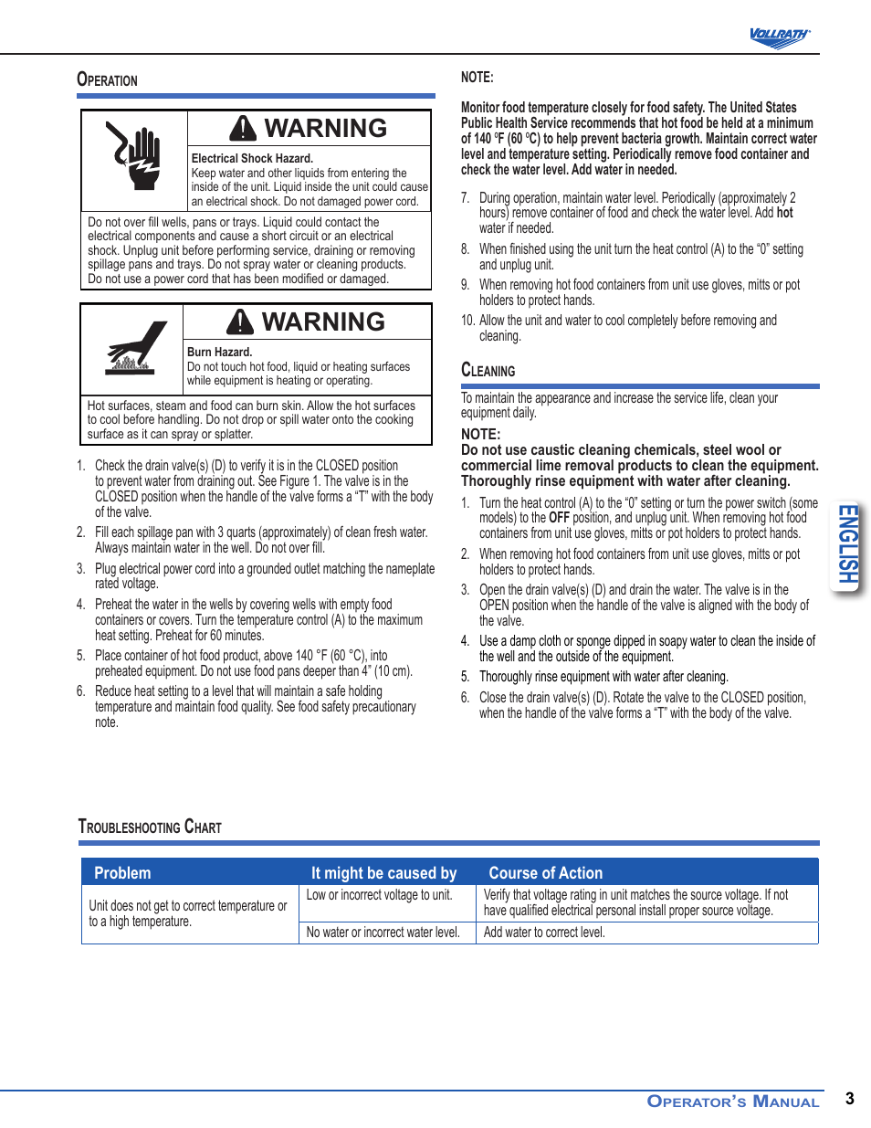 English, Warning | Vollrath Short Side Drop-Ins User Manual | Page 3 / 6