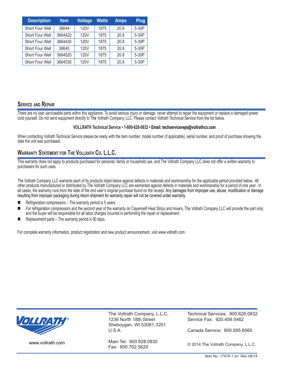 L.l.c | Vollrath Short Side Drop-Ins User Manual | Page 6 / 6