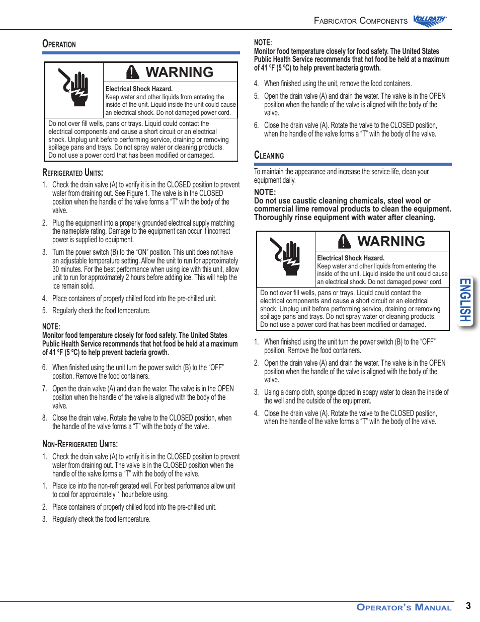 English, Warning | Vollrath Standard Remote Refrigerated Cold Pan User Manual | Page 3 / 8