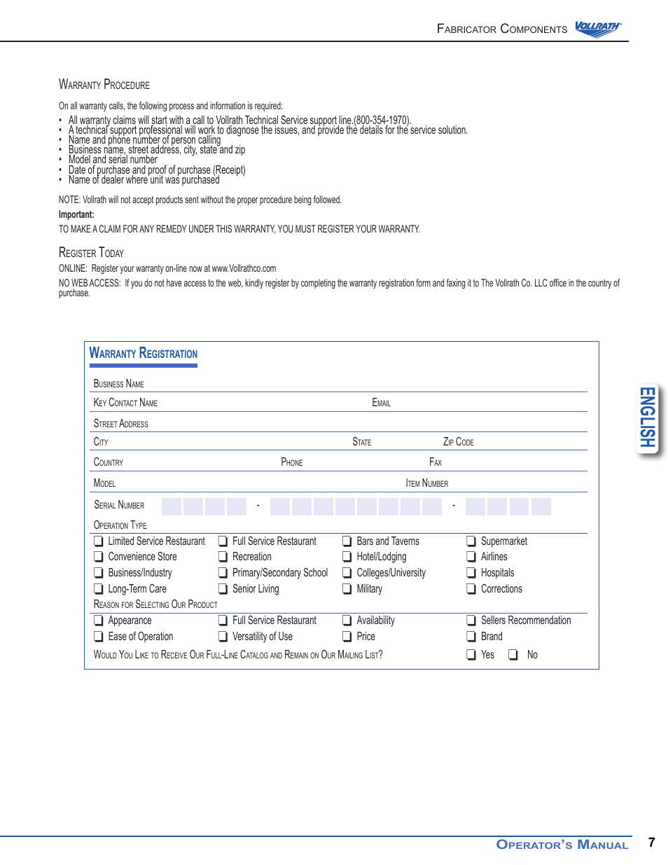 English | Vollrath Standard Remote Refrigerated Cold Pan User Manual | Page 7 / 8