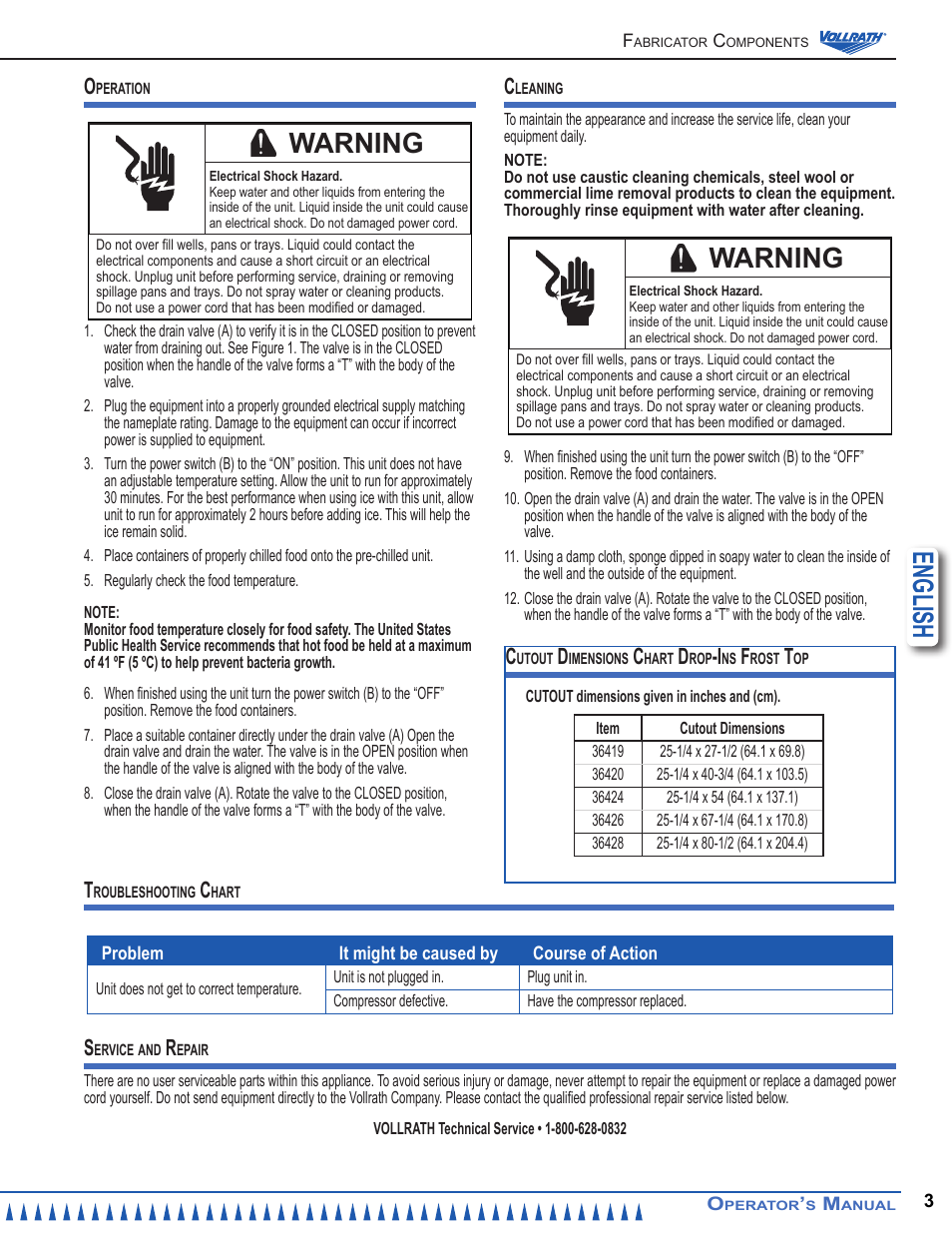 English, Warning | Vollrath Refrigerated Frost-Top User Manual | Page 3 / 8