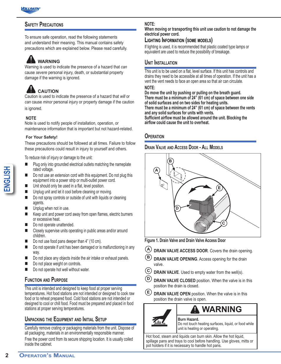 English, Warning | Vollrath Signature Server Milk Station User Manual | Page 2 / 6