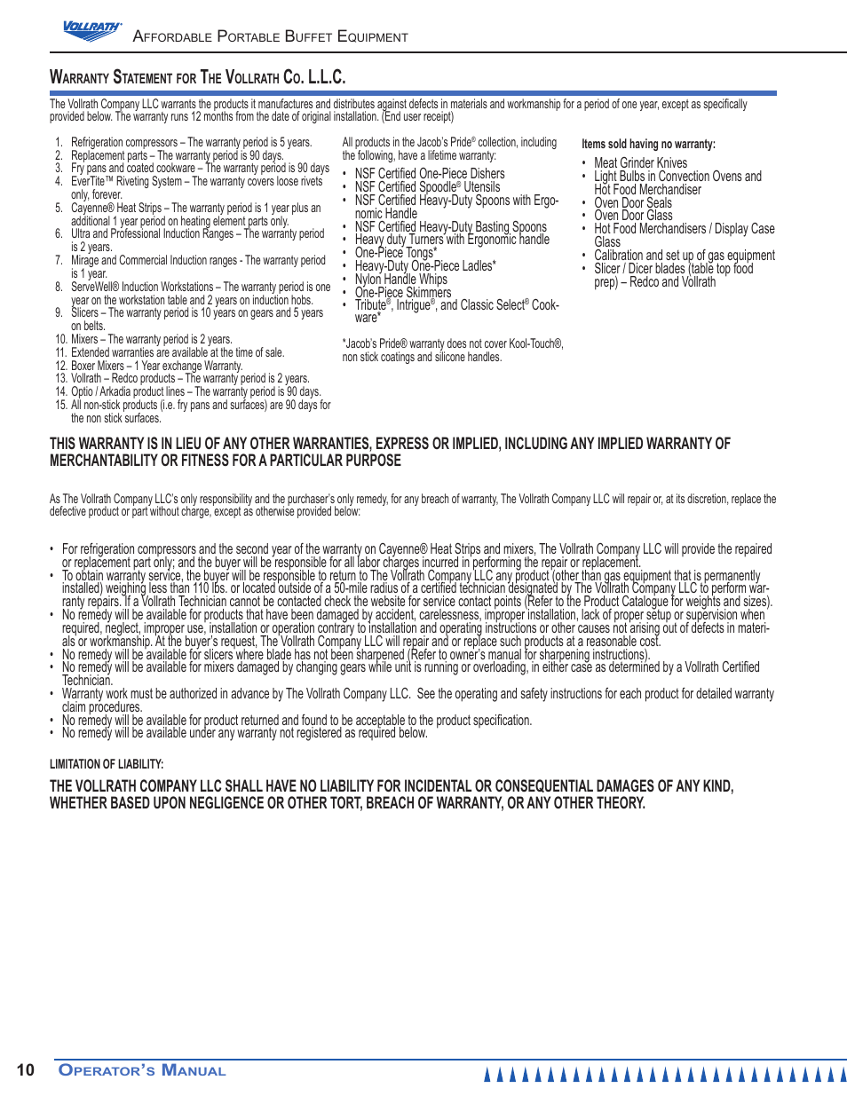 L.l.c | Vollrath Affordable Portable Hot Food Station Operator Manual User Manual | Page 10 / 12