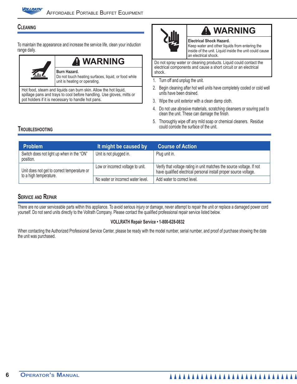 Warning | Vollrath Affordable Portable Hot Food Station Operator Manual User Manual | Page 6 / 12