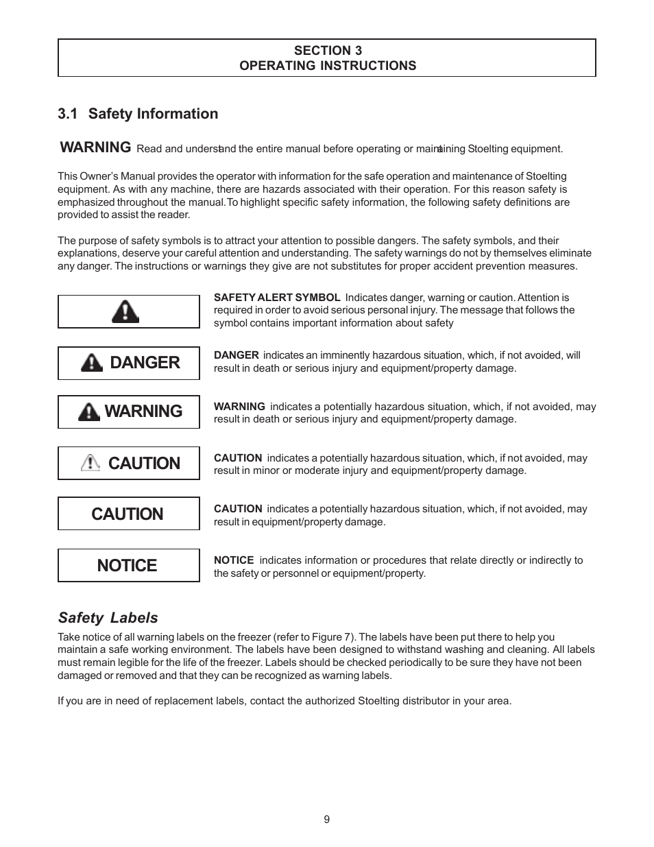 Danger, Notice warning caution caution, 1 safety information warning | Safety labels | Vollrath 238R User Manual | Page 17 / 39