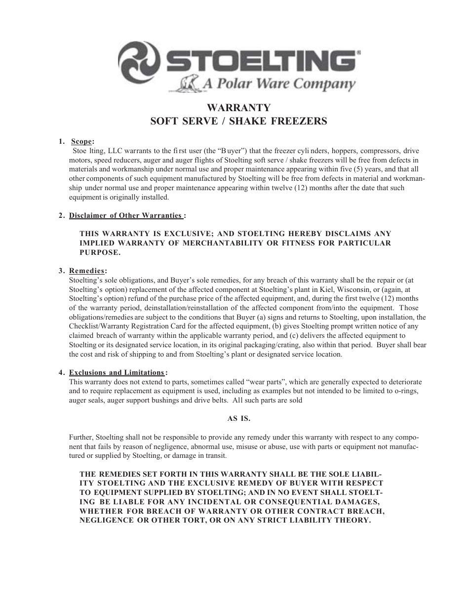 Warranty soft serve / shake freezers | Vollrath 238R User Manual | Page 39 / 39