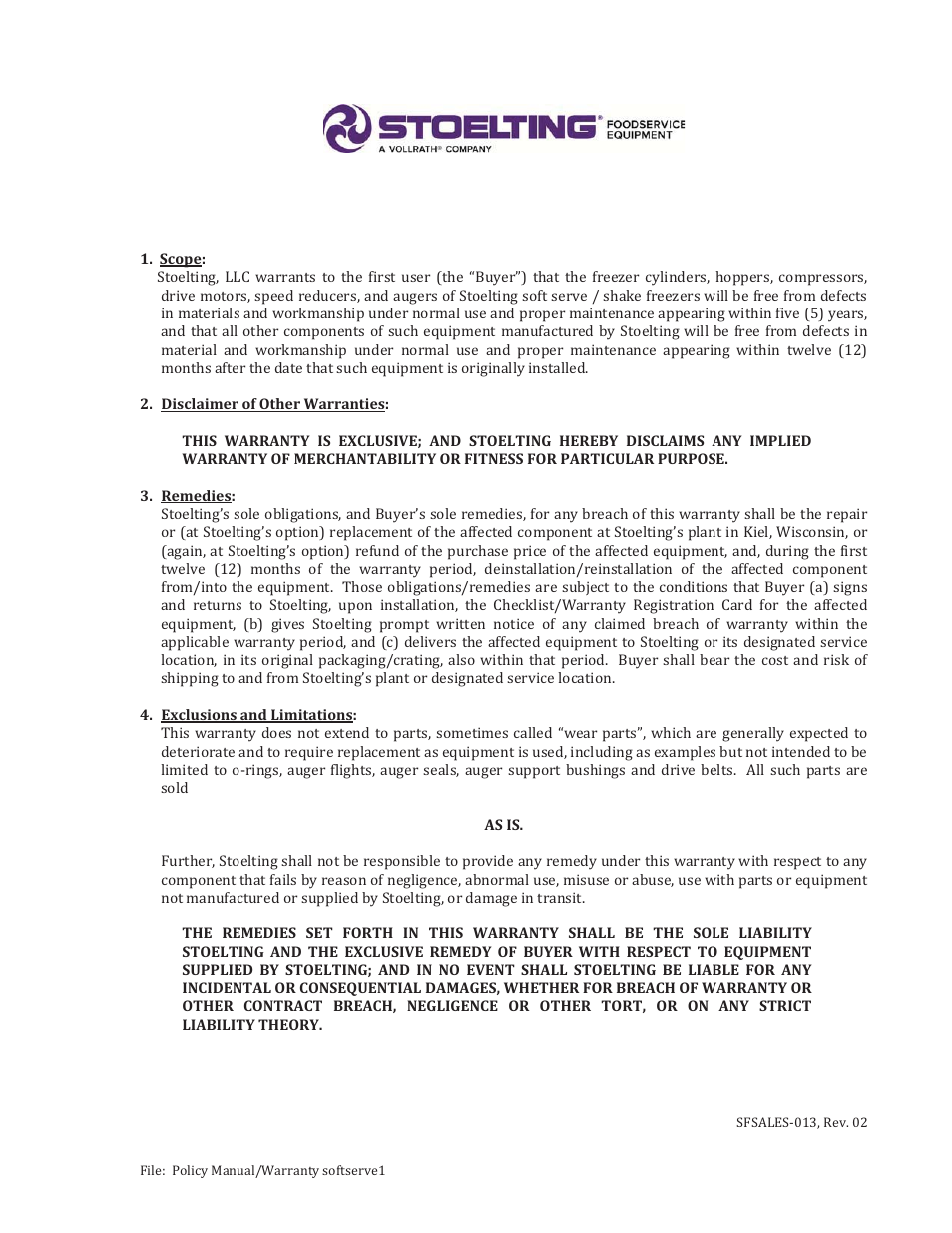 Warranty soft serve / shake freezers | Vollrath F131 User Manual | Page 29 / 29