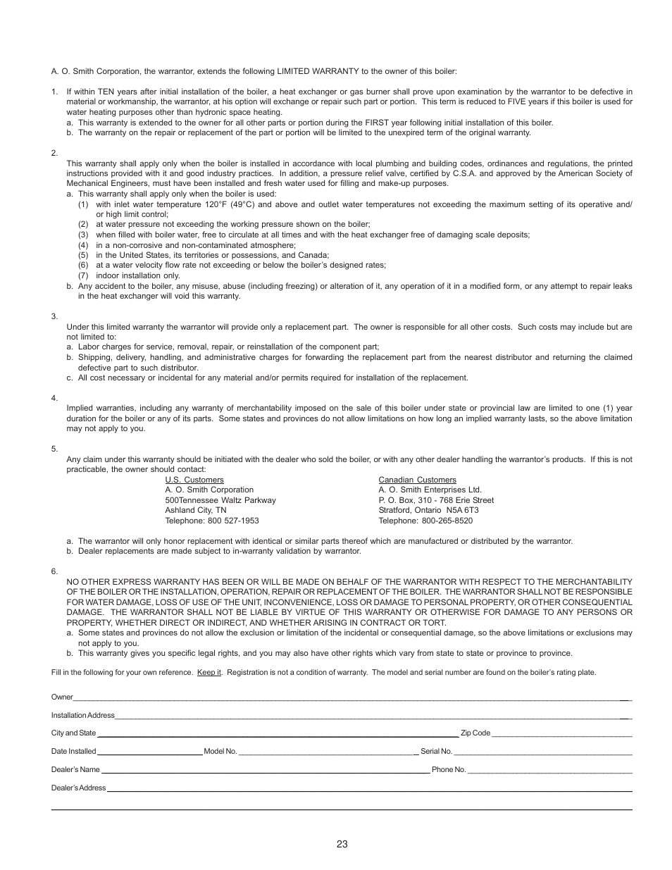 Limited warranty | A.O. Smith 101 User Manual | Page 23 / 24