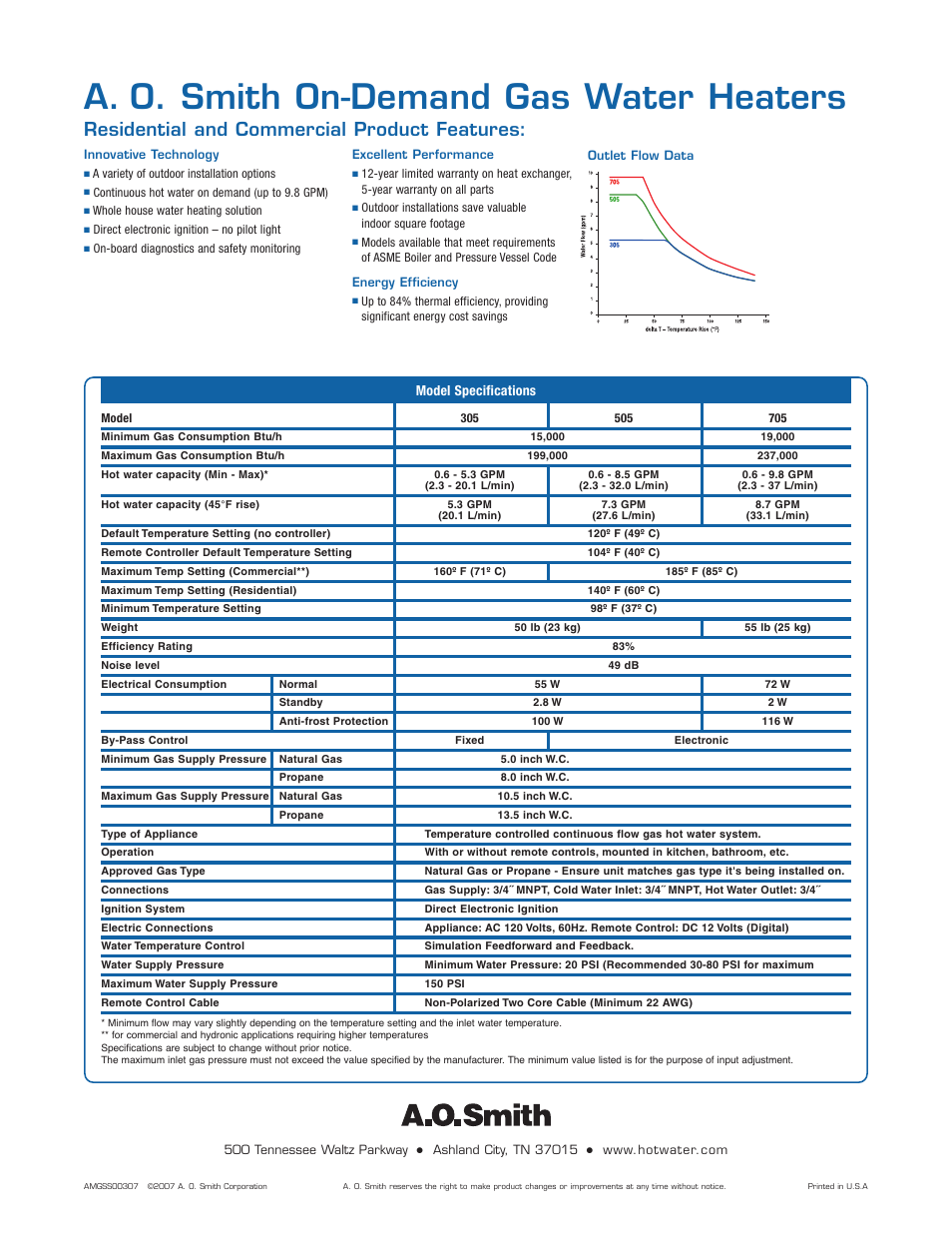 A. o. smith on-demand gas water heaters, Residential and commercial product features, Model specifications | A.O. Smith 305 User Manual | Page 2 / 2