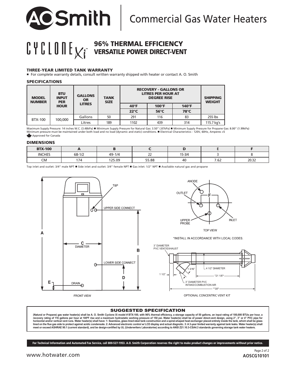 Commercial gas water heaters, 96% thermal efficiency versatile power direct-vent | A.O. Smith BTX-100 User Manual | Page 2 / 2