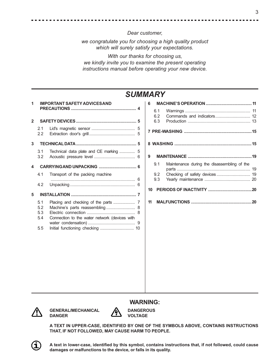 Summary, Warning | Vollrath VB25 User Manual | Page 3 / 24