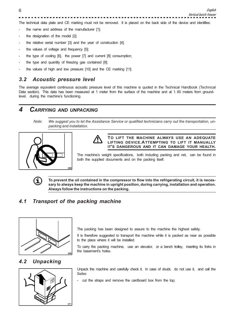 2 acoustic pressure level, 1 transport of the packing machine, 2 unpacking | Vollrath VB25 User Manual | Page 6 / 24