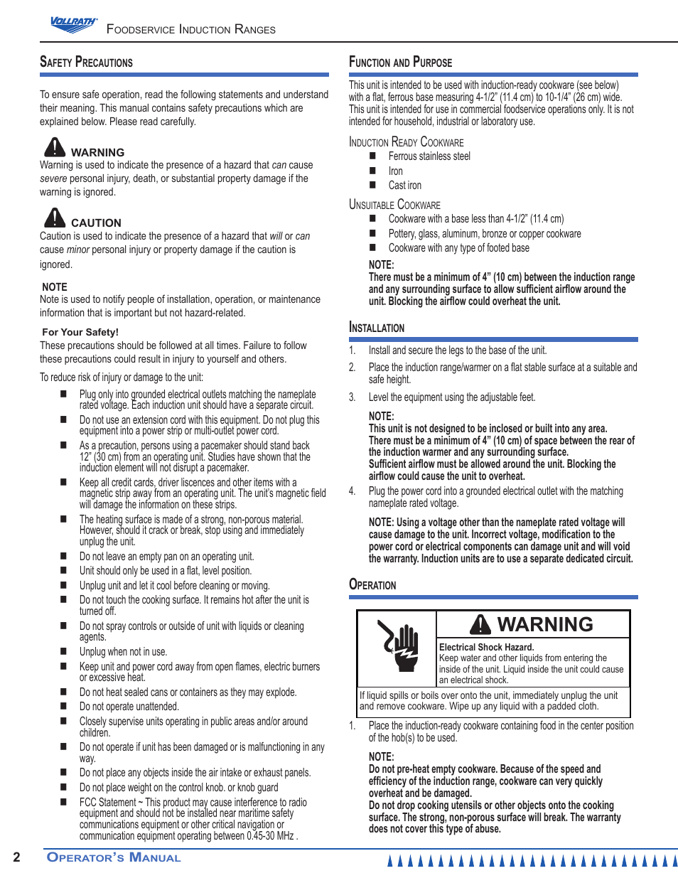Warning | Vollrath Cayenne HD 2880 Watt Manual Control Induction Ranges User Manual | Page 2 / 8