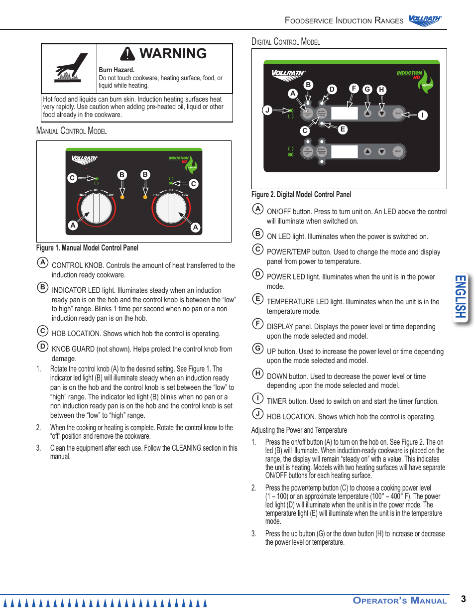 English, Warning | Vollrath Cayenne HD 2880 Watt Manual Control Induction Ranges User Manual | Page 3 / 8