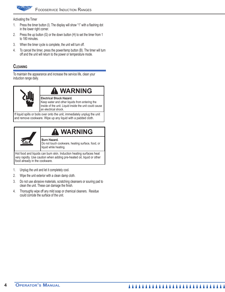 Warning | Vollrath Cayenne HD 2880 Watt Manual Control Induction Ranges User Manual | Page 4 / 8