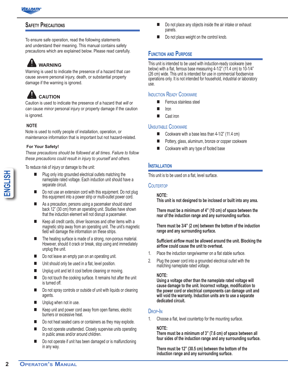English | Vollrath Professional Series 2900 Watt Drop-In Induction Ranges User Manual | Page 2 / 6