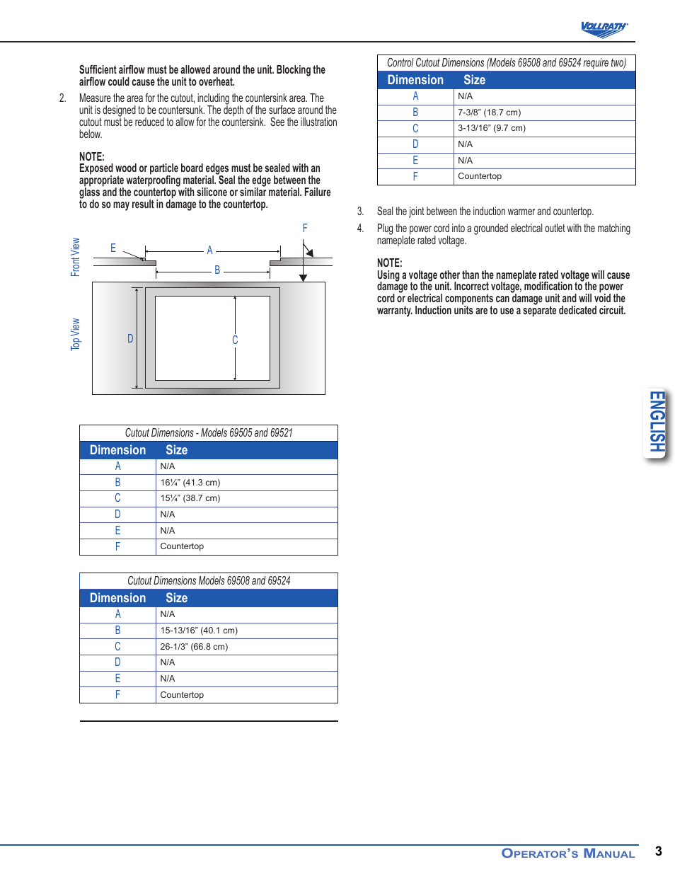 English | Vollrath Professional Series 2900 Watt Drop-In Induction Ranges User Manual | Page 3 / 6