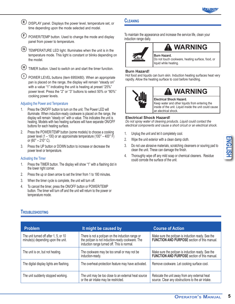 English, Warning | Vollrath Professional Series 2900 Watt Drop-In Induction Ranges User Manual | Page 5 / 6