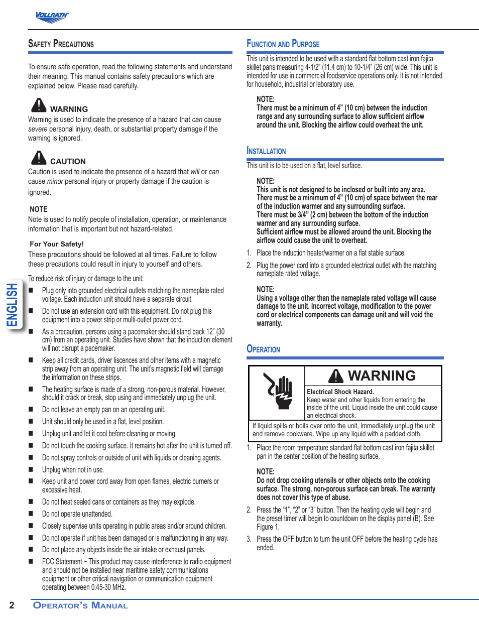 English, Warning | Vollrath Ultra Series 3500 Watt Fajita Heater Induction Ranges User Manual | Page 2 / 5